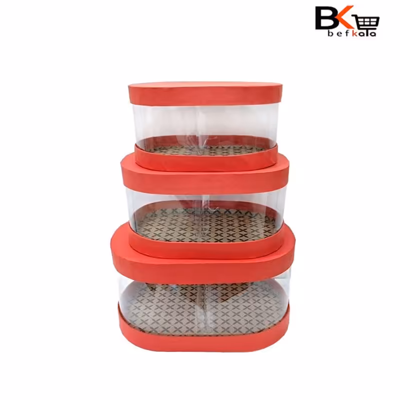 باکس کادویی  بیضی  3تکه طلقی قرمز پک کامل