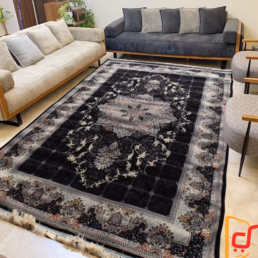 فرش ماشینی مدل هیوا رنگ سرمه ای6متری700شانه تراکم2100