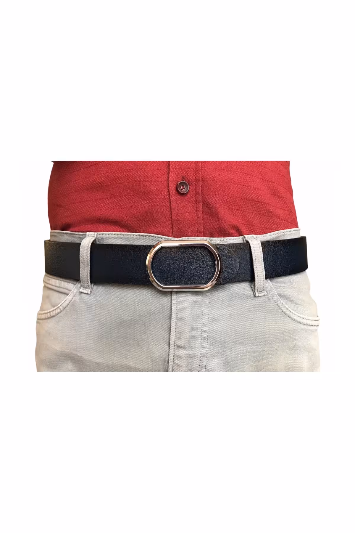 کمربند آبی مردانه و زنانه چرم اصل جدید سرمه ای بادوام با سگک نقره براق بیضی شکل 4 سانتی متری GoDeri