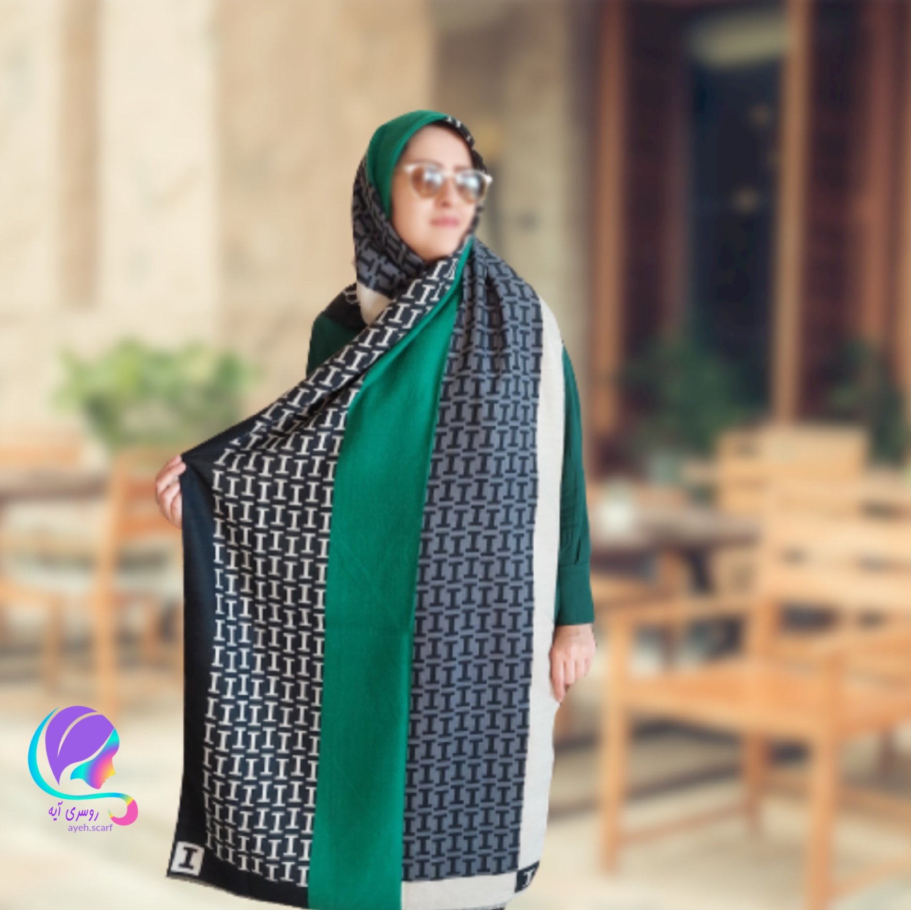 شال موهر پاییزه سبز طوسی