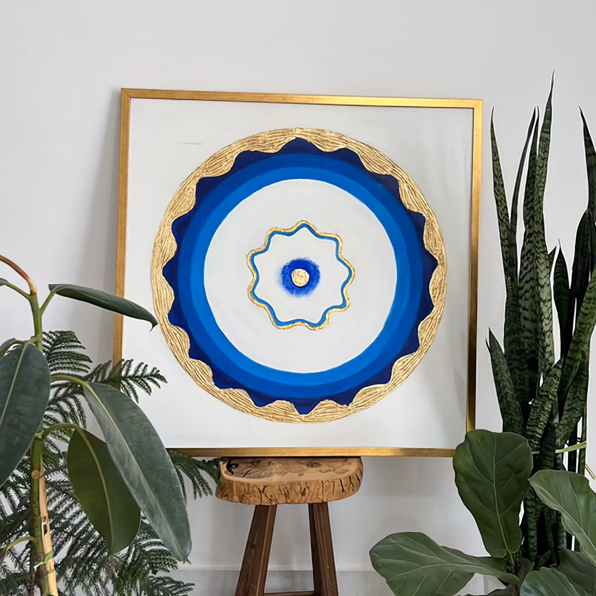 تابلوی چشم نظر برجسته با ورق طلا و رنگ اکریلیک اجرا شده تماما با دست ابعاد 60 در 60