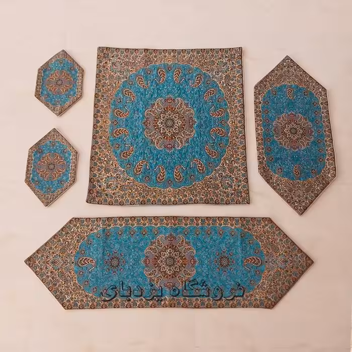 رومیزی ترمه ست 5 تکه طرح نسترن جدید رنگ آبی فیروزه ای با کیفیت عالی 