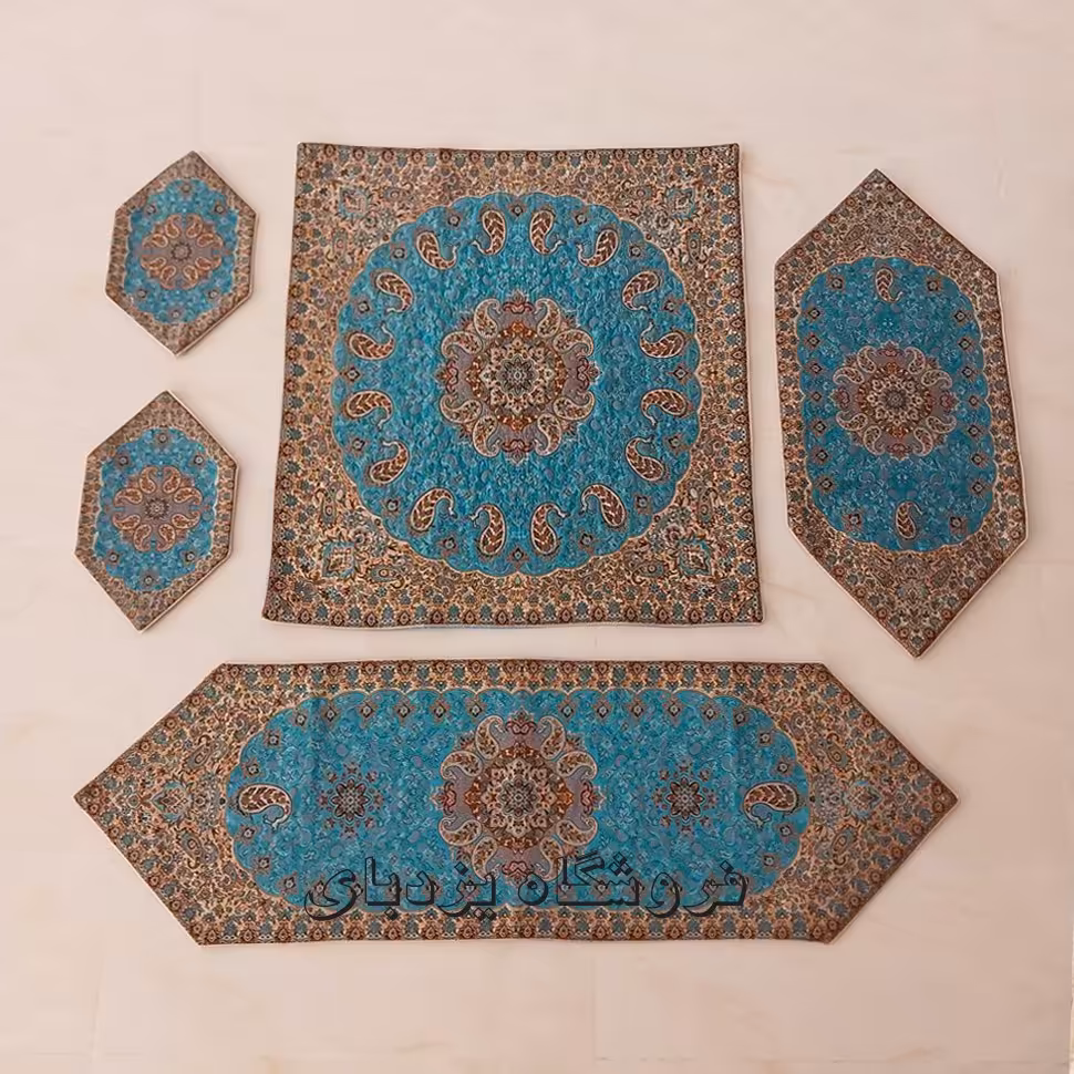 رومیزی ترمه ست 5 تکه طرح نسترن جدید رنگ آبی فیروزه ای با کیفیت عالی 
