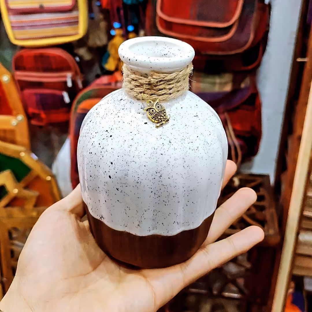 گلدان سرامیکی خمره ای 14 سانت طرح چوب 