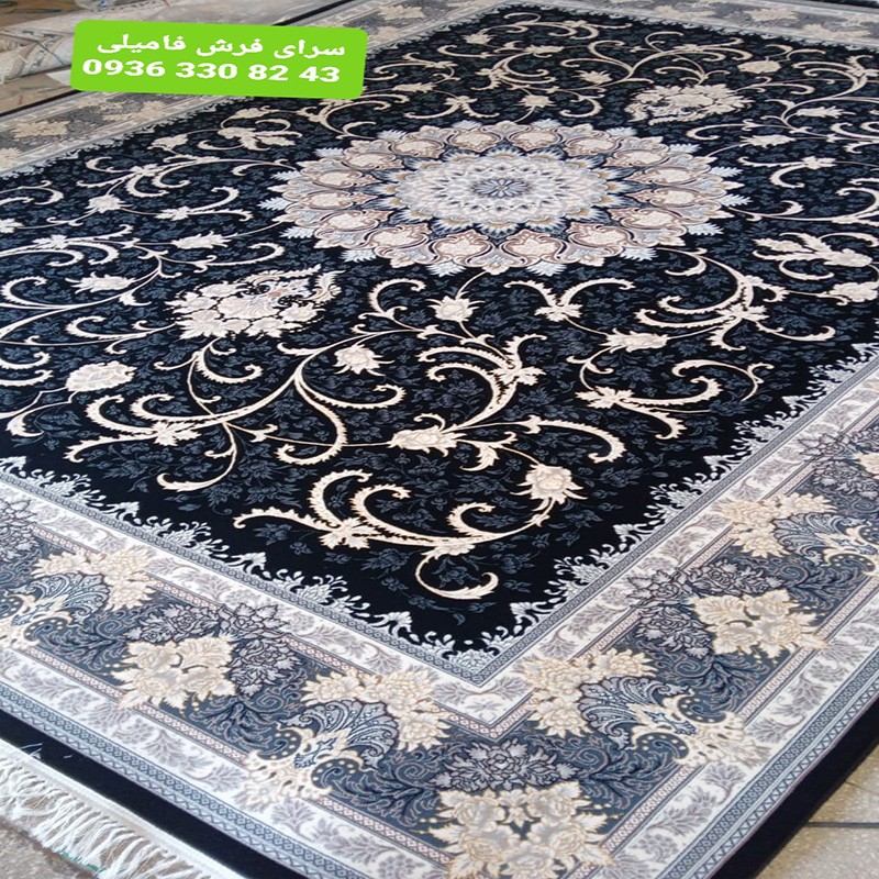 فرش ماشینی طرح طناز سرمه ای طلا کوب12 متری700شانه تراکم2550نخ اکرلیک