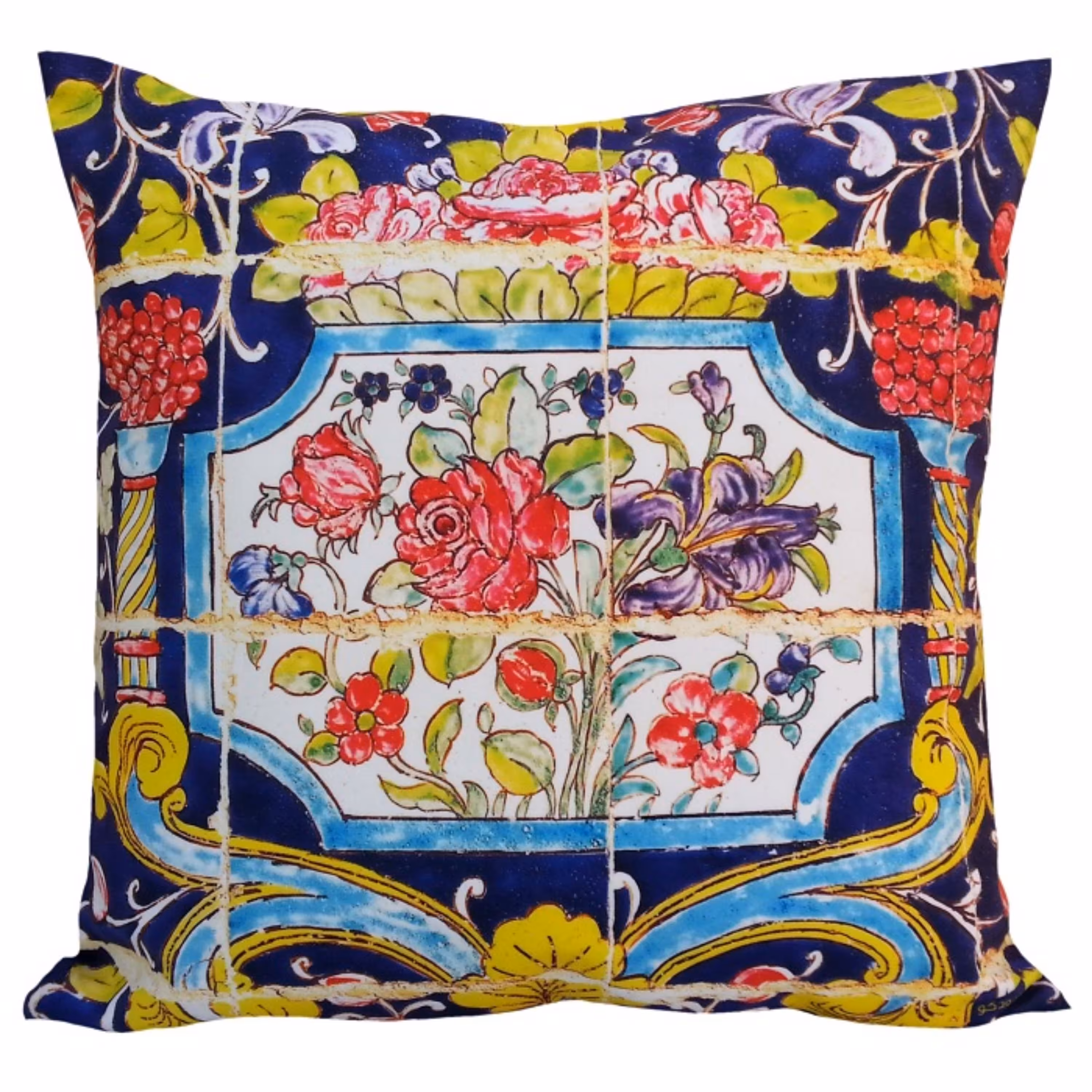 کاور کوسن مخمل کوبیده  طرح کاشی  کد MAKHQU14  کیفیت جنس و رنگ عالی