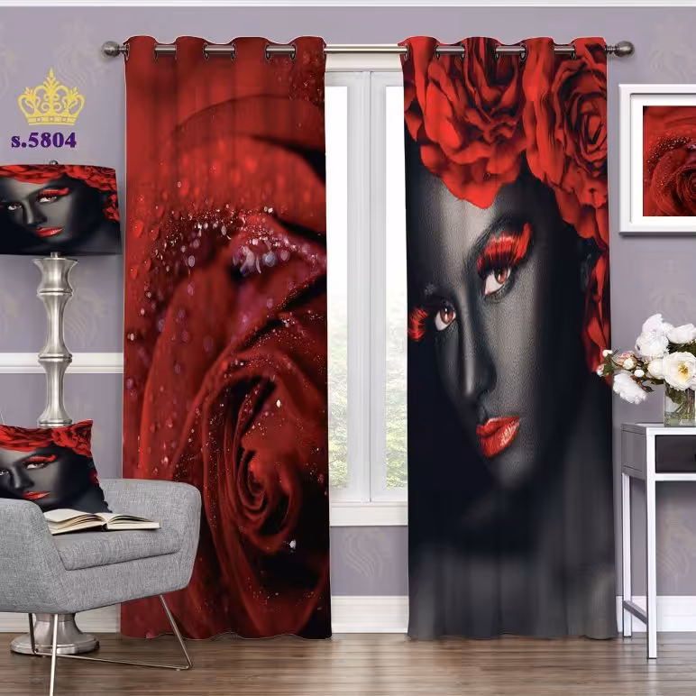 پرده اتاق خواب دو قواره پانچ گلدار طرح چهره زن کد S5804