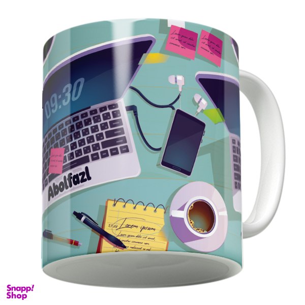 ماگ لاژید مدل اسم ابوالفضل طرح لپ تاپ و میزکار