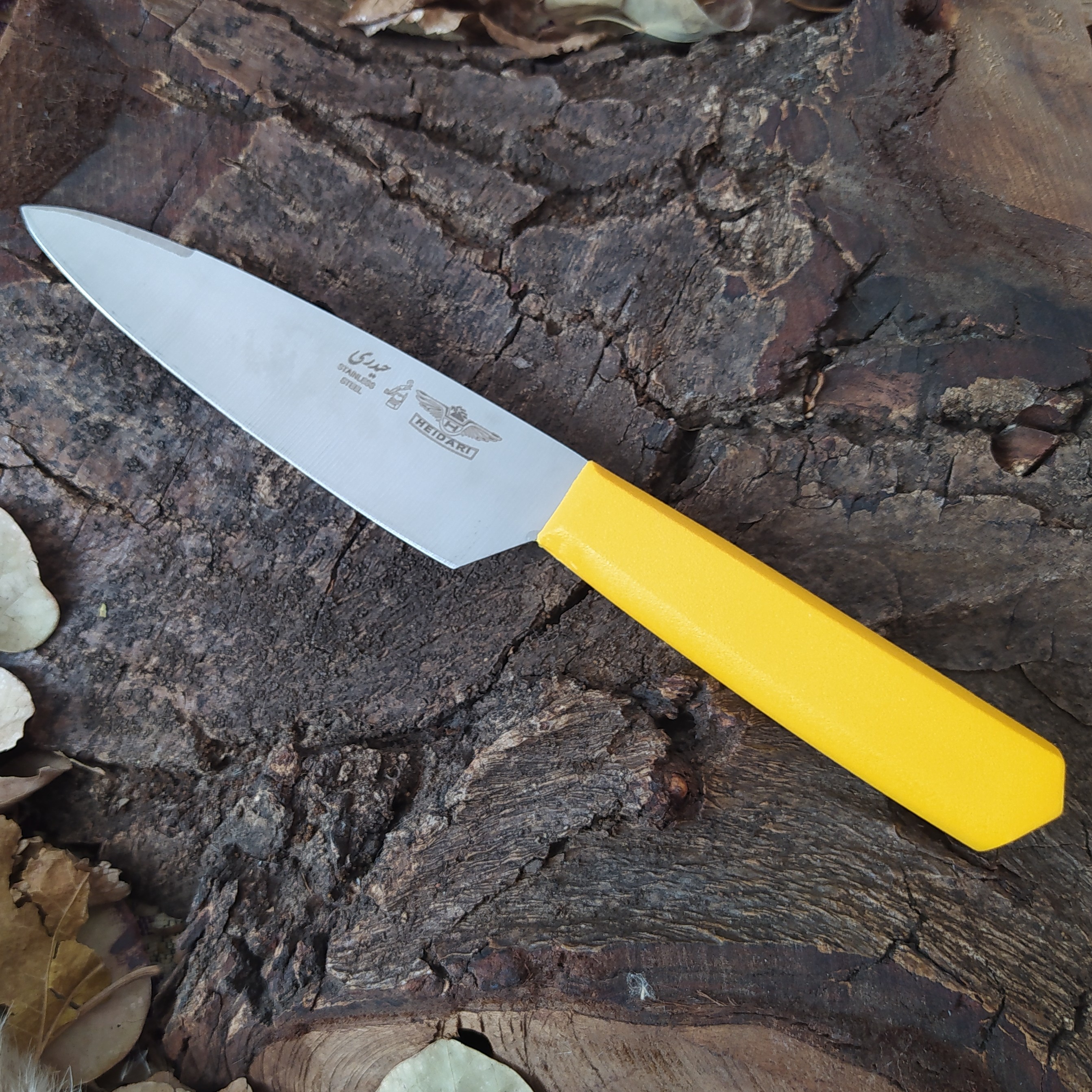 چاقو حیدری مدل راسته 2 با تیغه استیل فولاد ضدزنگ و دسته پلکسی زرد