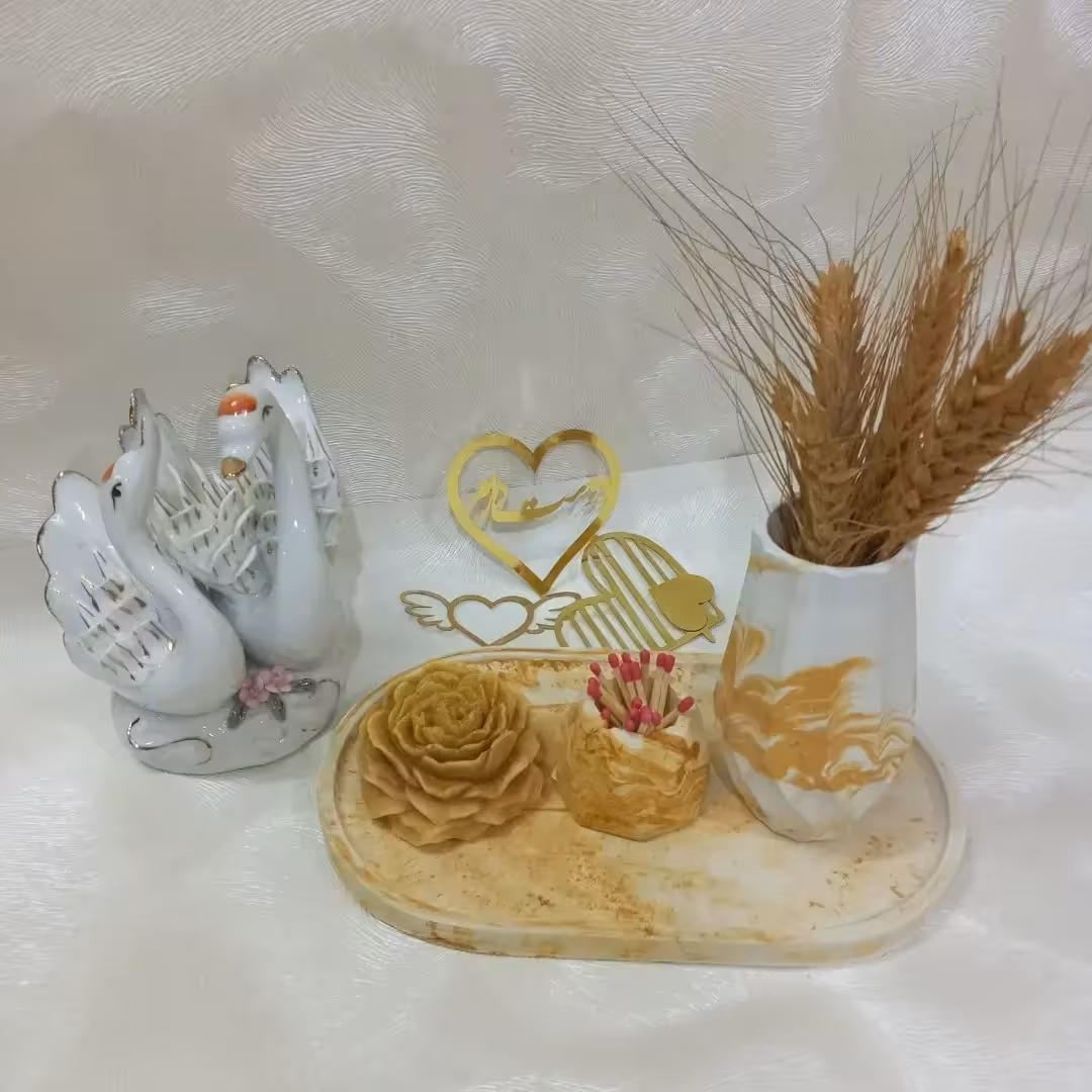 ست سینی بیضی سنگ مصنوعی رنگ سفید خردلی 