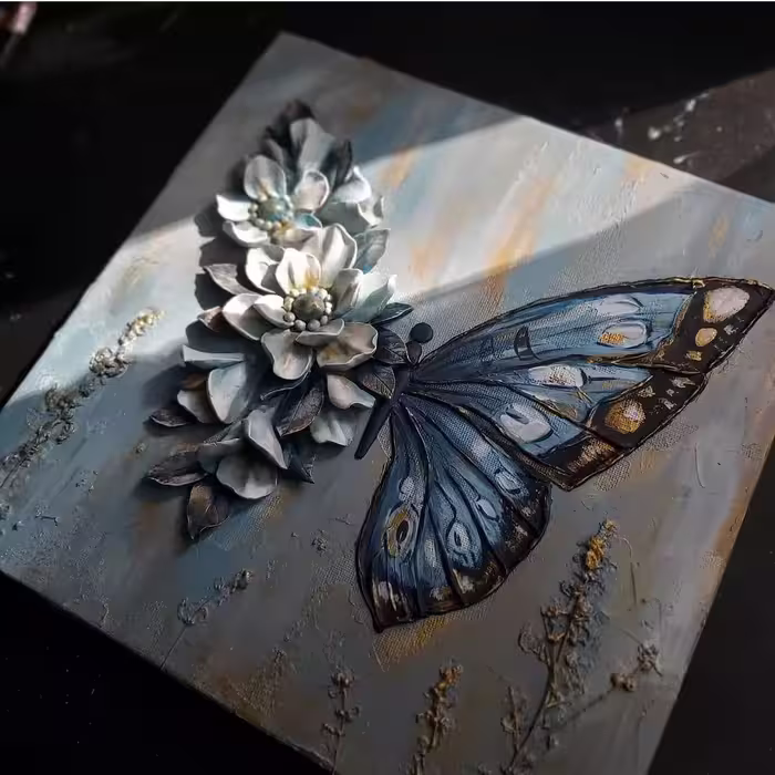 تابلو نقاشی برجسته طرح گل و پروانه