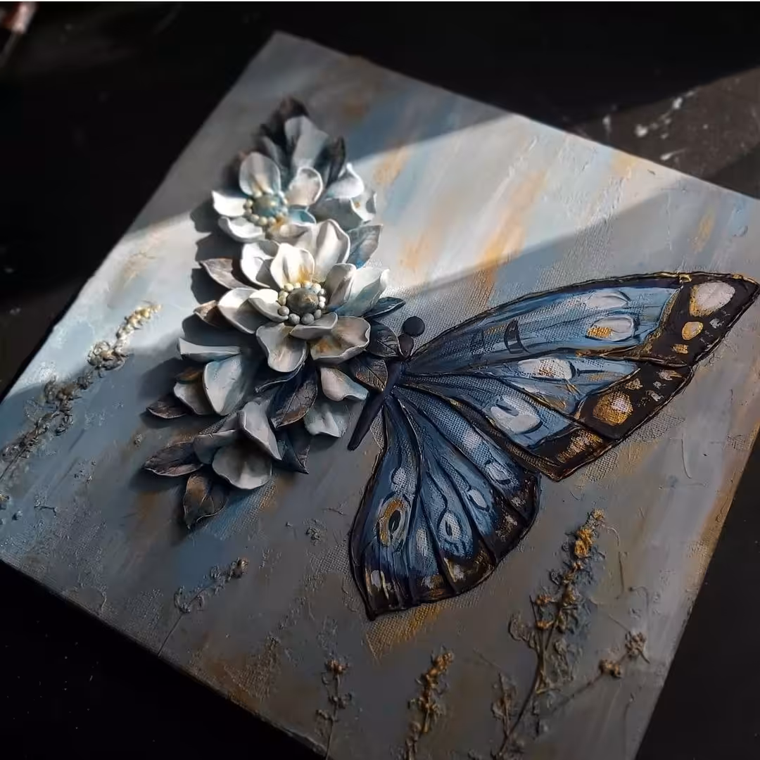 تابلو نقاشی برجسته طرح گل و پروانه