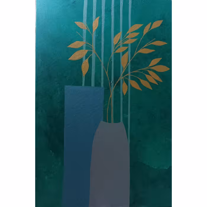 تابلو گل و گلدان کار شده روی بوم با رنگ اکرولیک و رنگ طلایی 