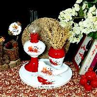 ظروف سفالی  یلدایی 5تیکه شامل چراغ گردسوز و گلدون وکبوتر بزرگ وکوچیک وسینی 