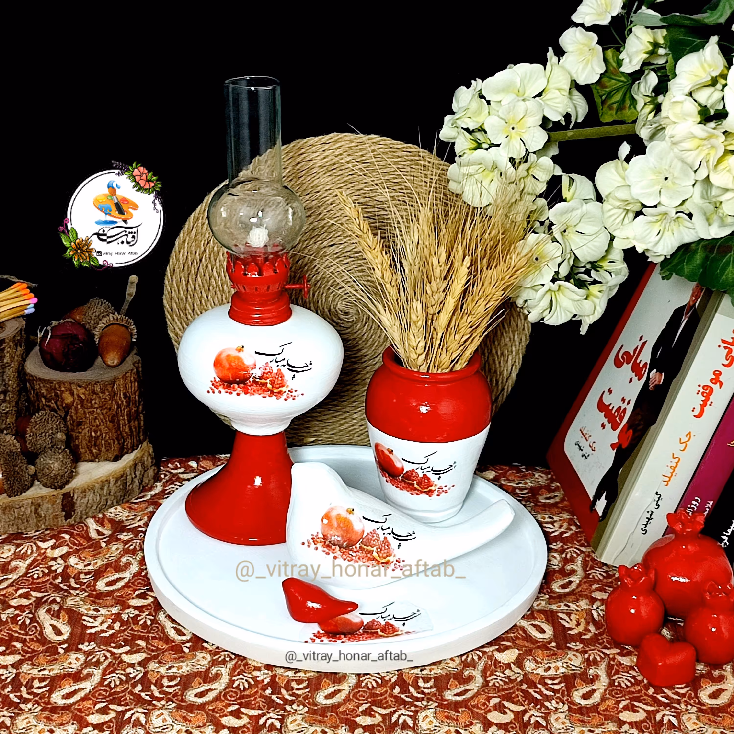 ظروف سفالی  یلدایی 5تیکه شامل چراغ گردسوز و گلدون وکبوتر بزرگ وکوچیک وسینی 