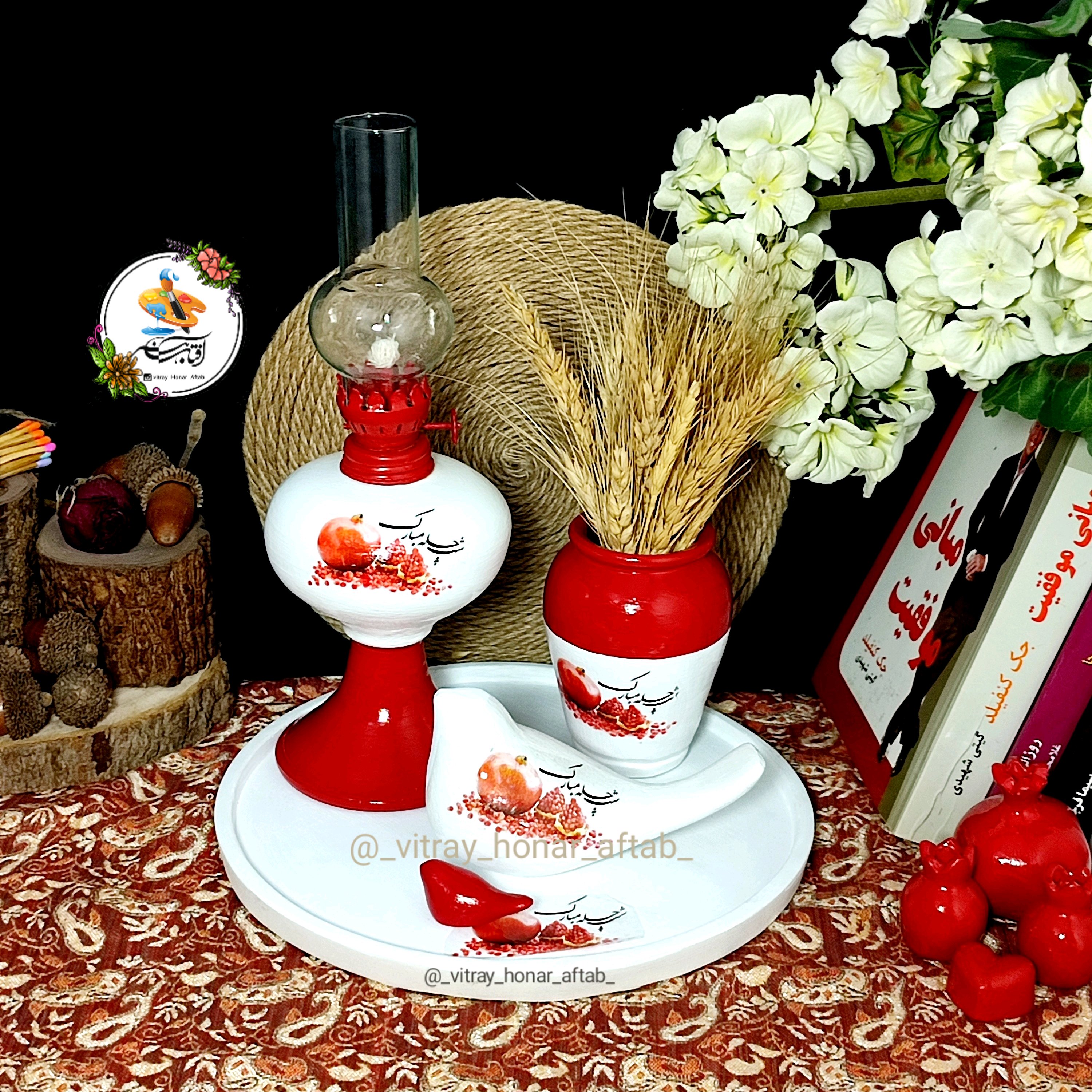 ظروف سفالی یلدایی 5تیکه شامل چراغ گردسوز و گلدون وکبوتر بزرگ وکوچیک وسینی