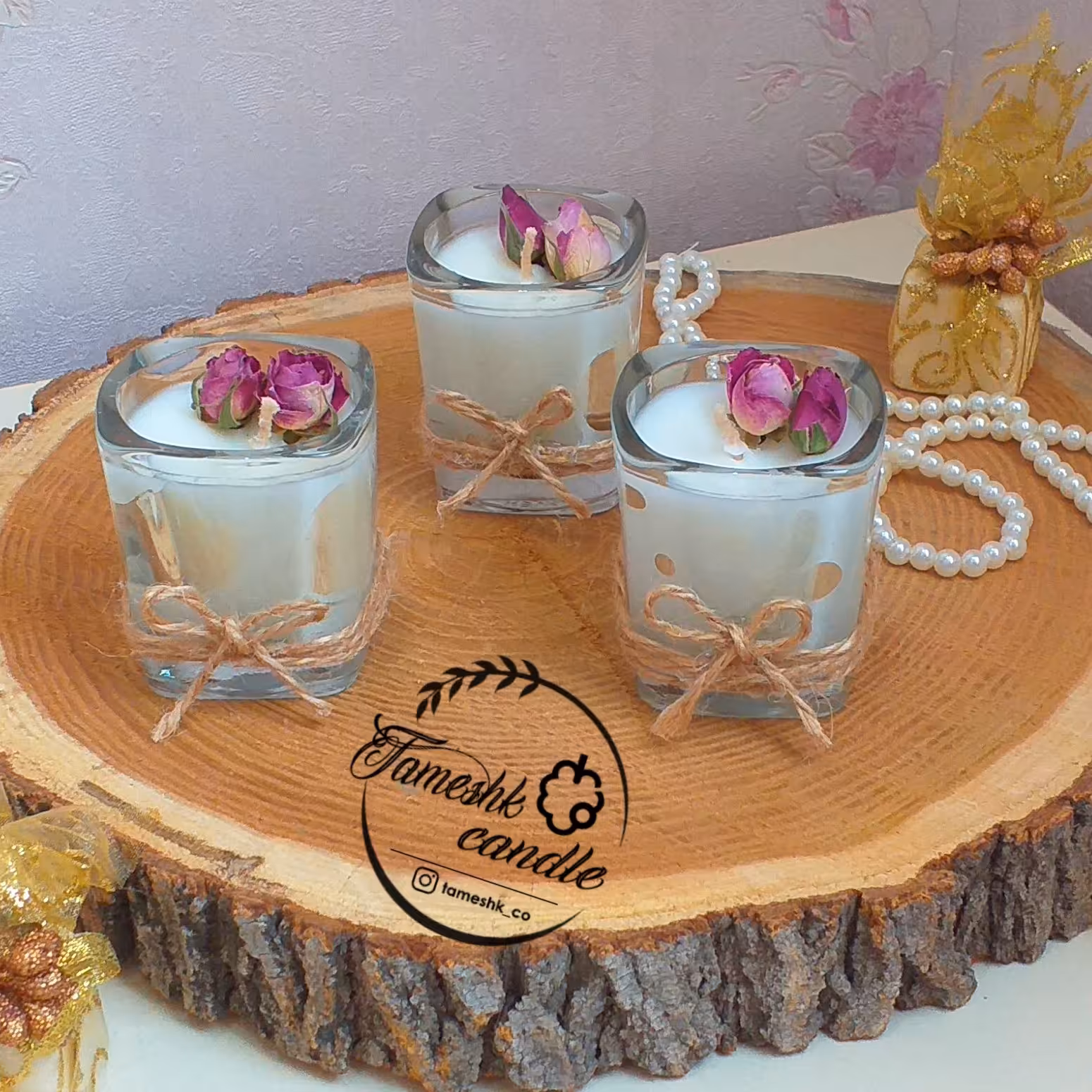 شات شمع با تزئین گل خشک و کنف