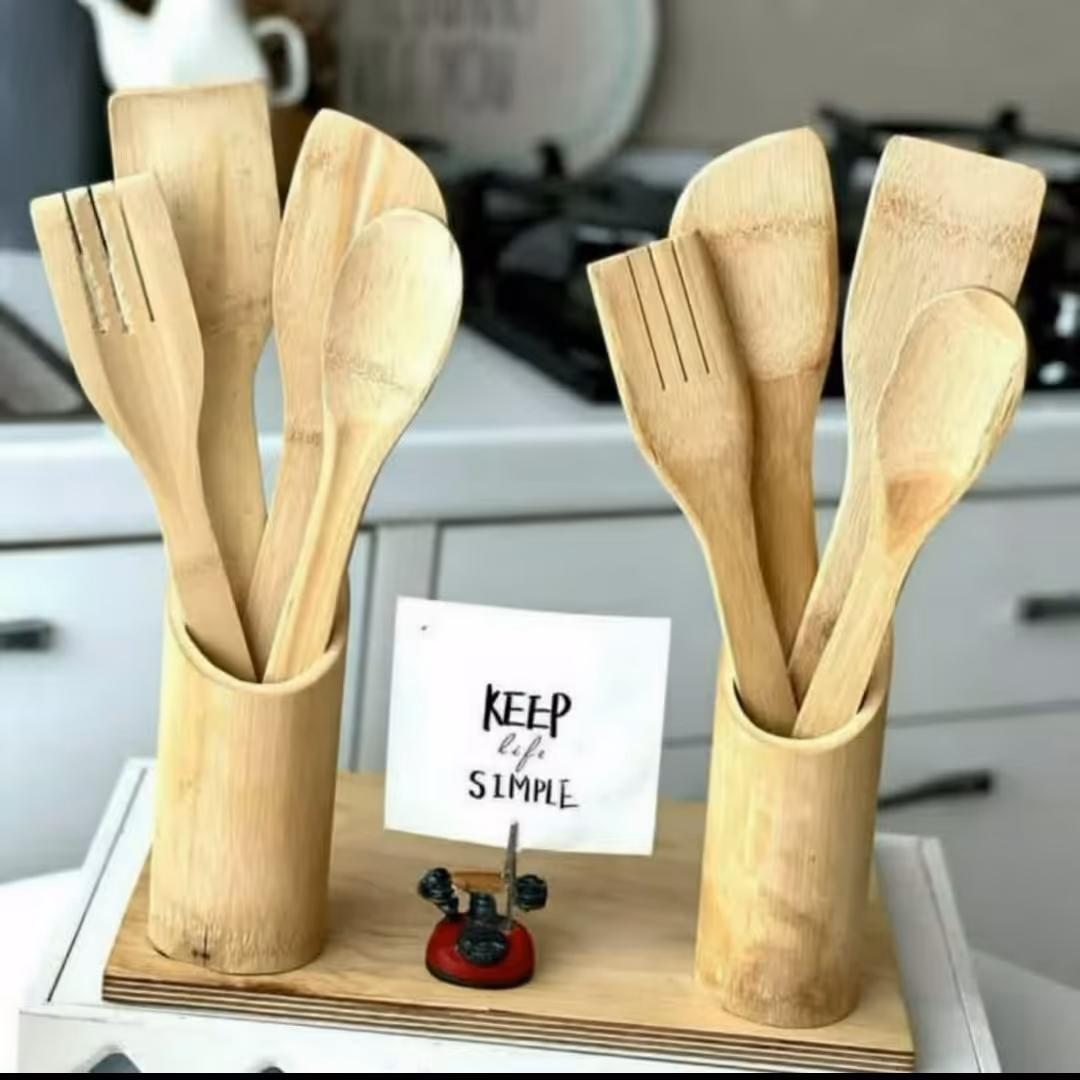 ست 4عددی کفگیر و ملاقه چوبی همراه با استند چوبی چوب بامبو 