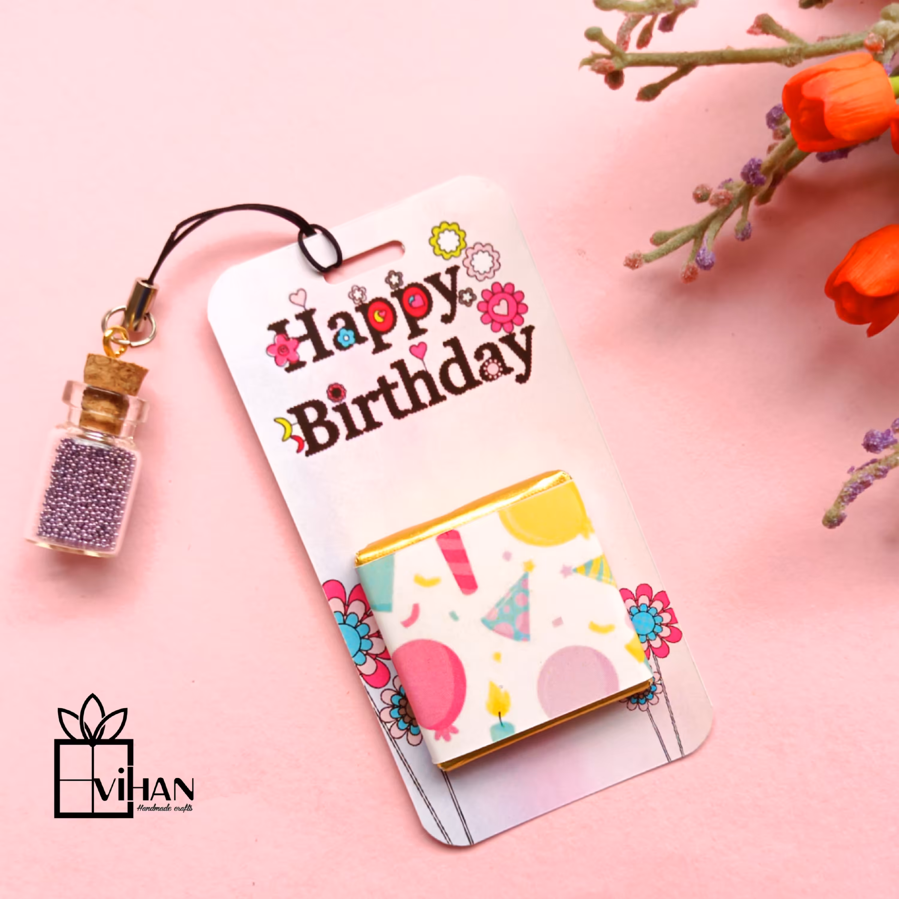 شکلات گیفت کادویی تولد مبارک با آویز شیشه ای مینیاتوری 3