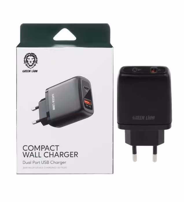 شارژر دیواری فست و PD دو پورت 20 وات گرین لاین مدل GN20QCWBK