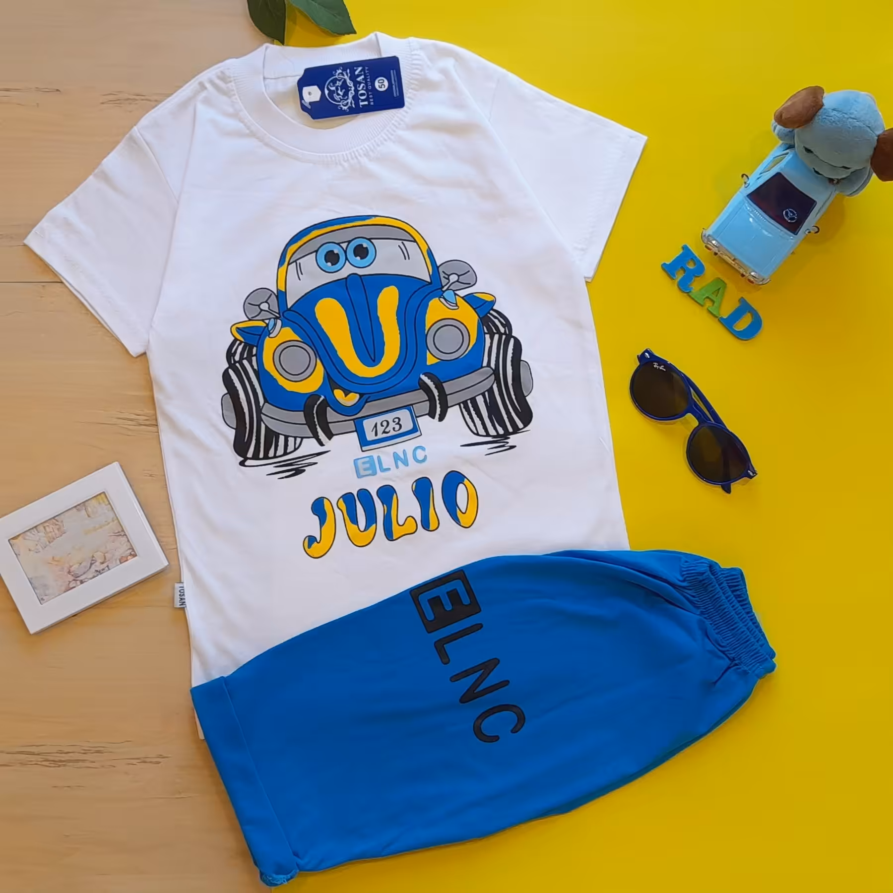 لباس پسرانه ست تیشرت و شلوارک طرح ماشین دوتکه طرح ماشین (کد20346) لباس بچه لباس پسرانه 