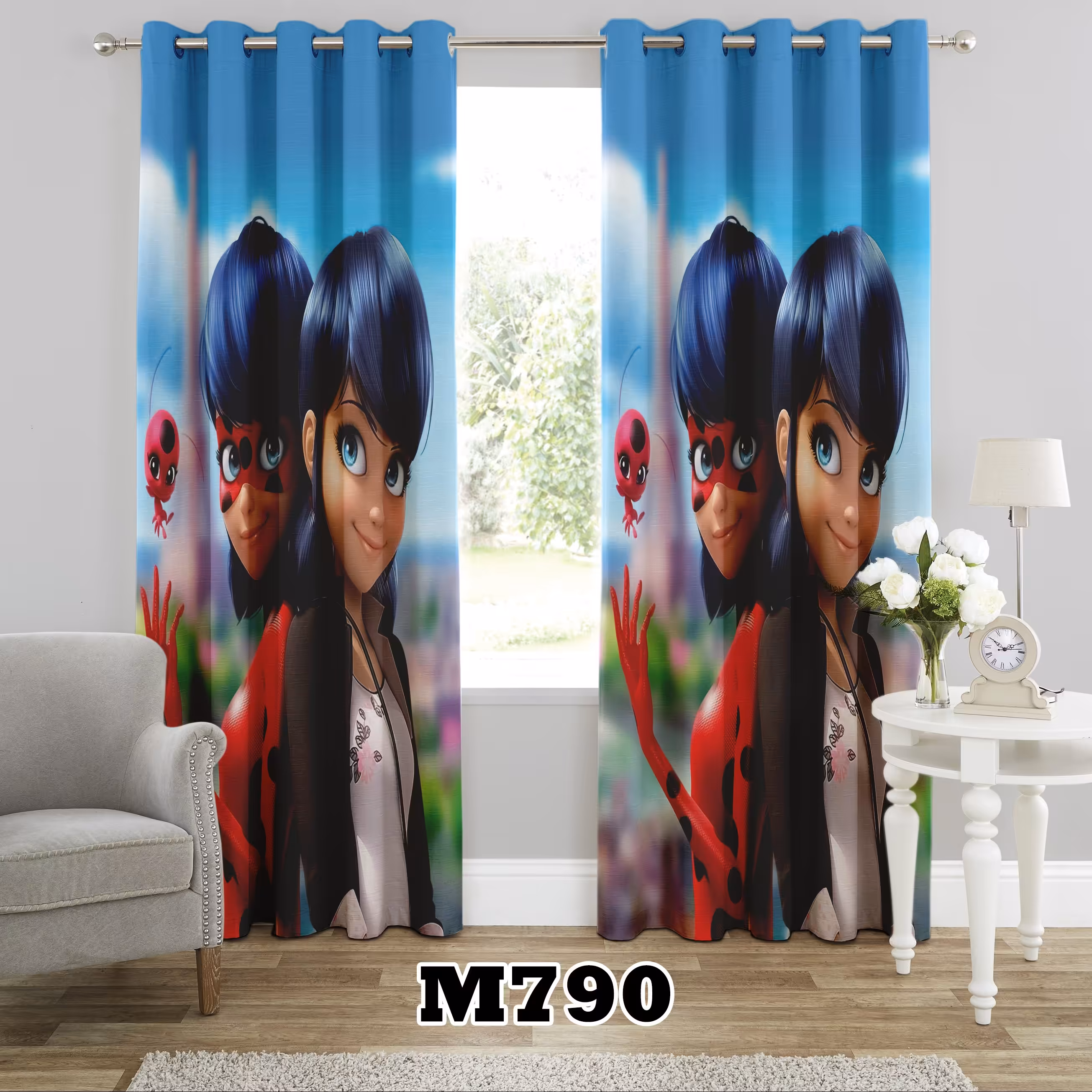 پرده چاپی طرح دختر توت فرنگی کد M790 تک قواره ارتفاع 300 عرض 140 سانت