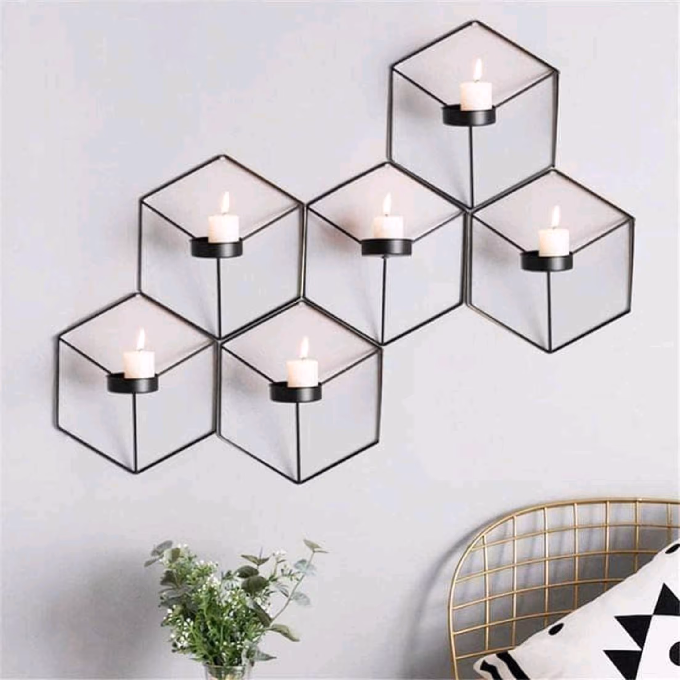 جا شمعی دیواری فلزی مشکی 6 ضلعی