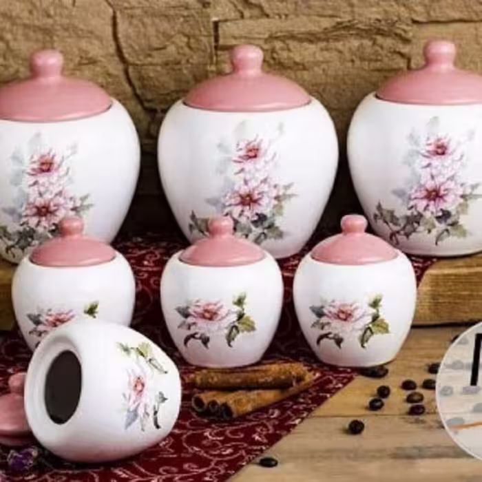 پاسماوری هفت پارچه خمره ای سفید  گلدار سرامیکی (طرح شکوفه بهاری)