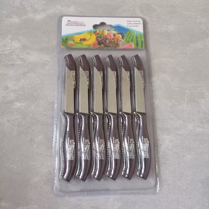 چاقو میوه خوری 12 عددی مارک ماربلا طرح هخامنشی برجسته با تیغه استیل و دسته پلاستیک فشرده  برزیل (چاقو)و طول 16 سانت    