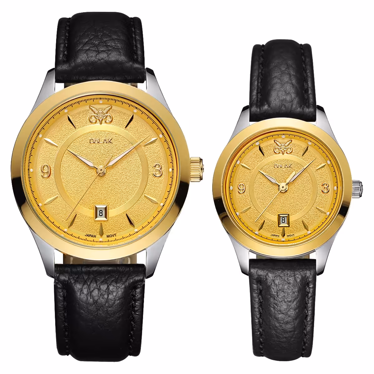 ست ساعت مچی عقربه ای زنانه و مردانه اوبلاک مدل 72699 رنگ دورنگ صفحه زرد