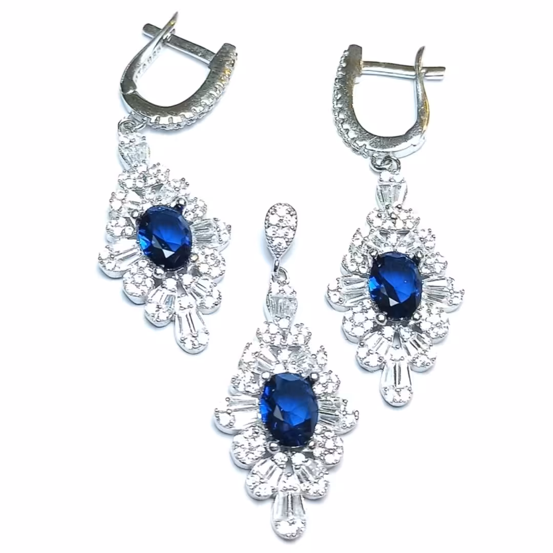 نیم ست نقره نگین رنگی جواهری سرمه ای آبکاری رادیوم 8