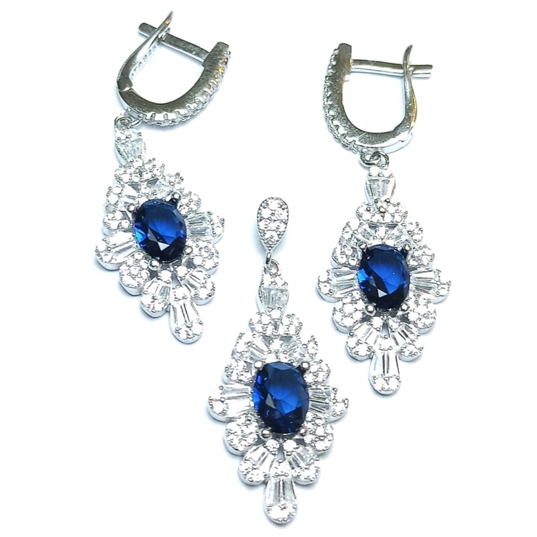 نیم ست نقره نگین رنگی جواهری سرمه ای آبکاری رادیوم 8