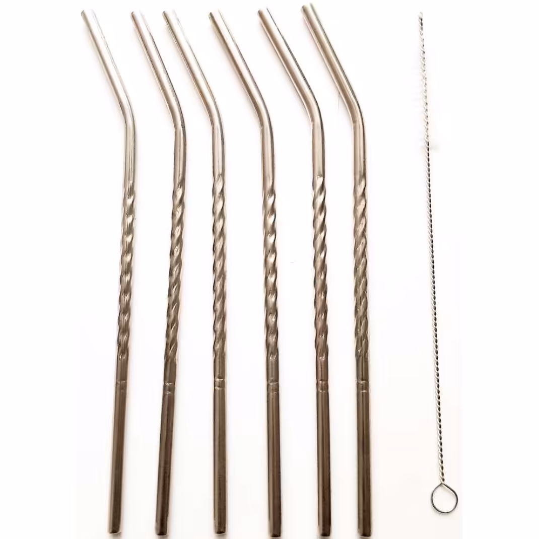 نی شربت خوری طرح پیچی سر کج بسته 6 عددی بهمراه فرچه نظافت 