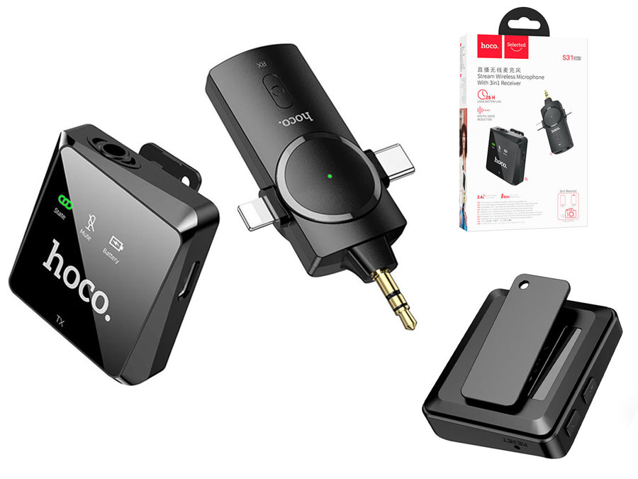 میکروفون بی سیم یقه ای تایپ‌سی،لایتنینگ و جک 35 هوکو hoco S31 Stream wireless microphone with 3-in-1 receiver