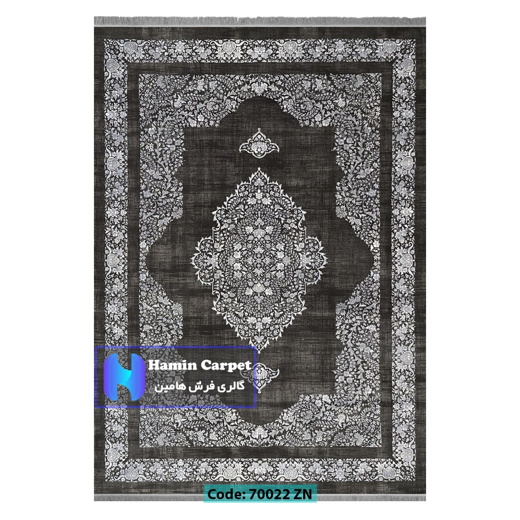 فرش 12 متری 700شانه تراکم 2100 برجسته مدل وینتیج ترنج دار ذغالی کد SZ70022ZN