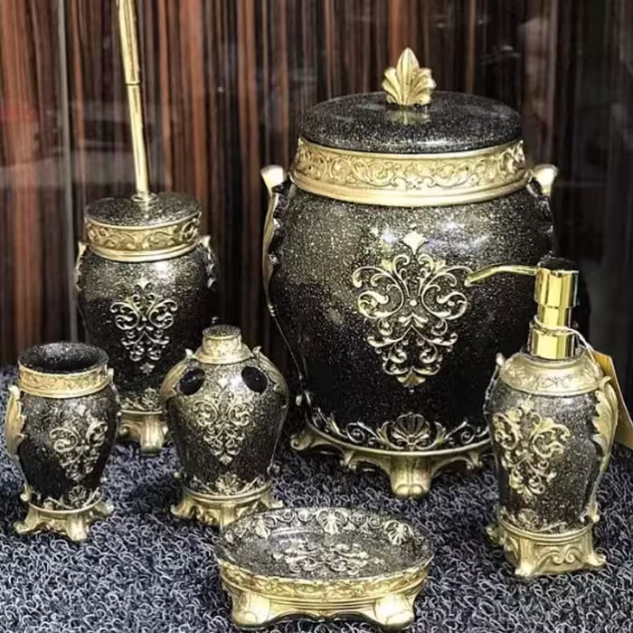 اکسسوری حمام و دستشویی مدل سلطنتی برند آذین ست - رنگ مشکی طلایی