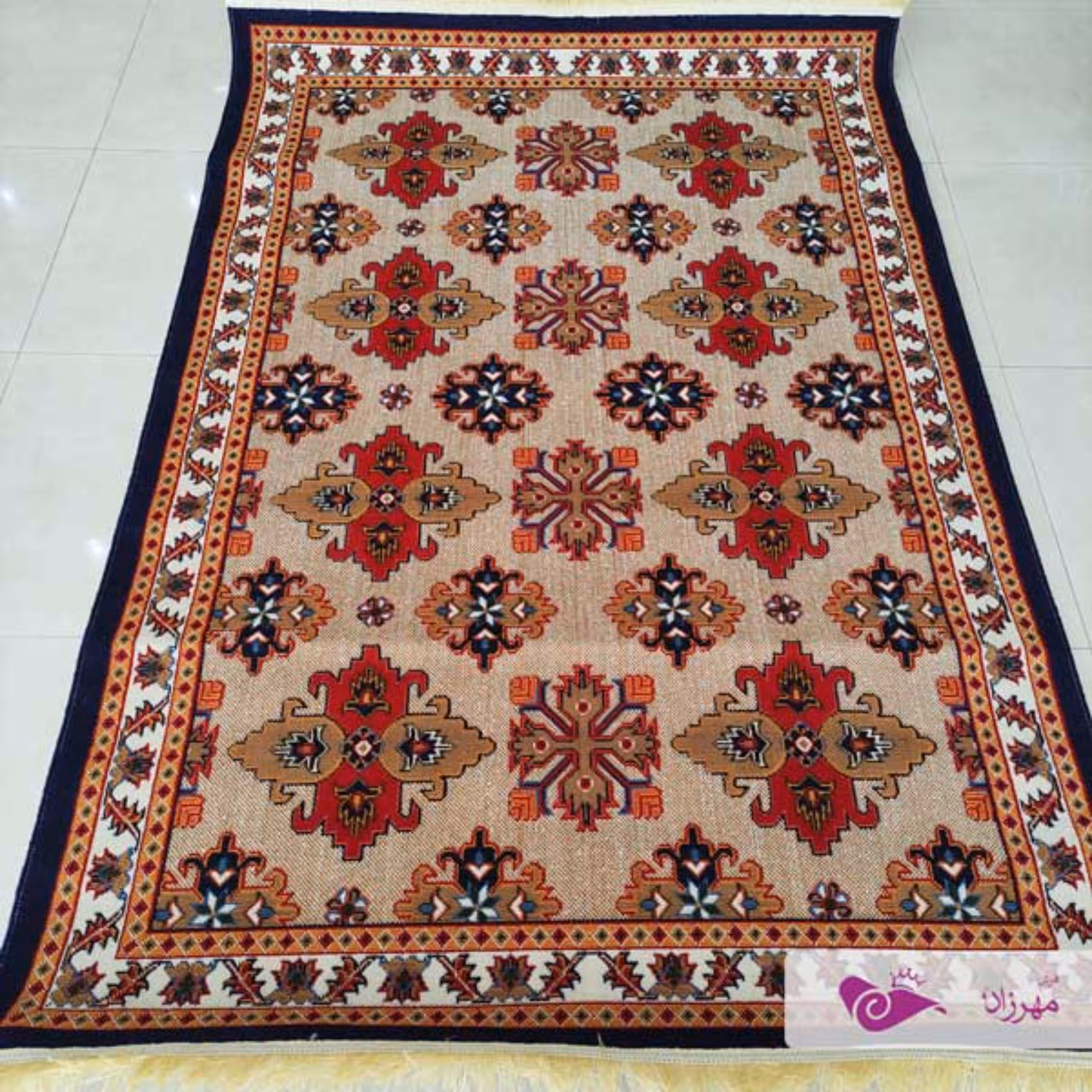 گلیم ماشینی یک در یک و نیم طرح دستار سرمه ای