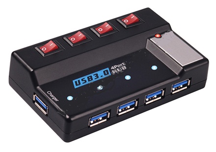 هاب 4 پورت USB30 سوئیچ دار همراه پورت شارژ جداگانه آداپتور