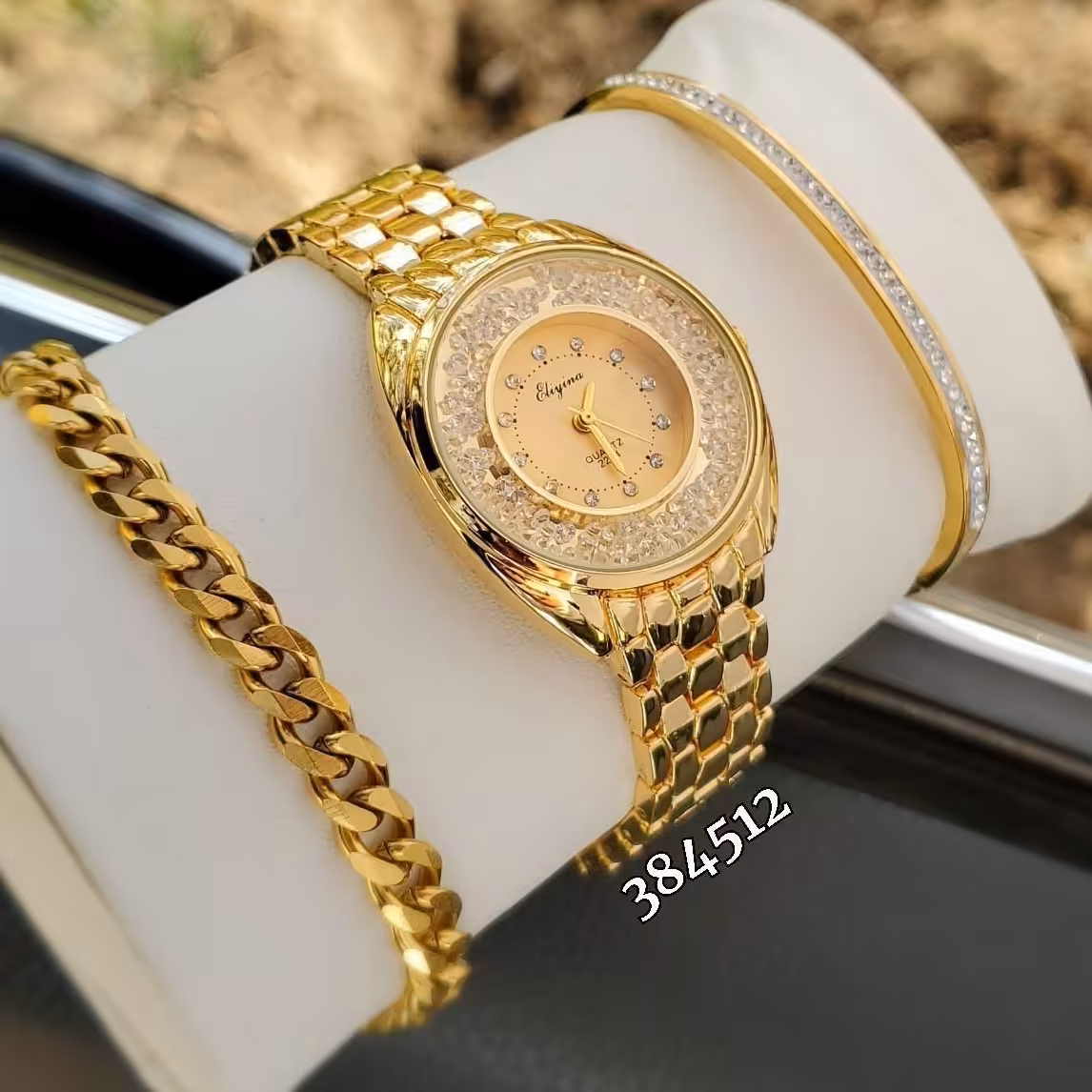 ست ساعت و دستبند استیل زنانه  طلایی