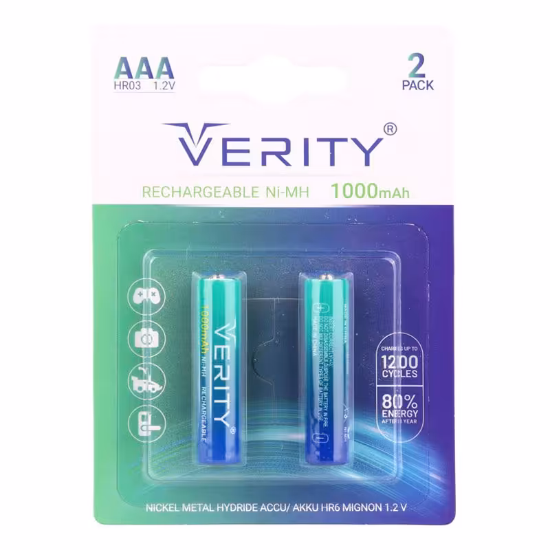 باتری دوتایی نیم قلمی شارژی Verity Rechargeable Ni-MH HR03 AAA 1000mAh
