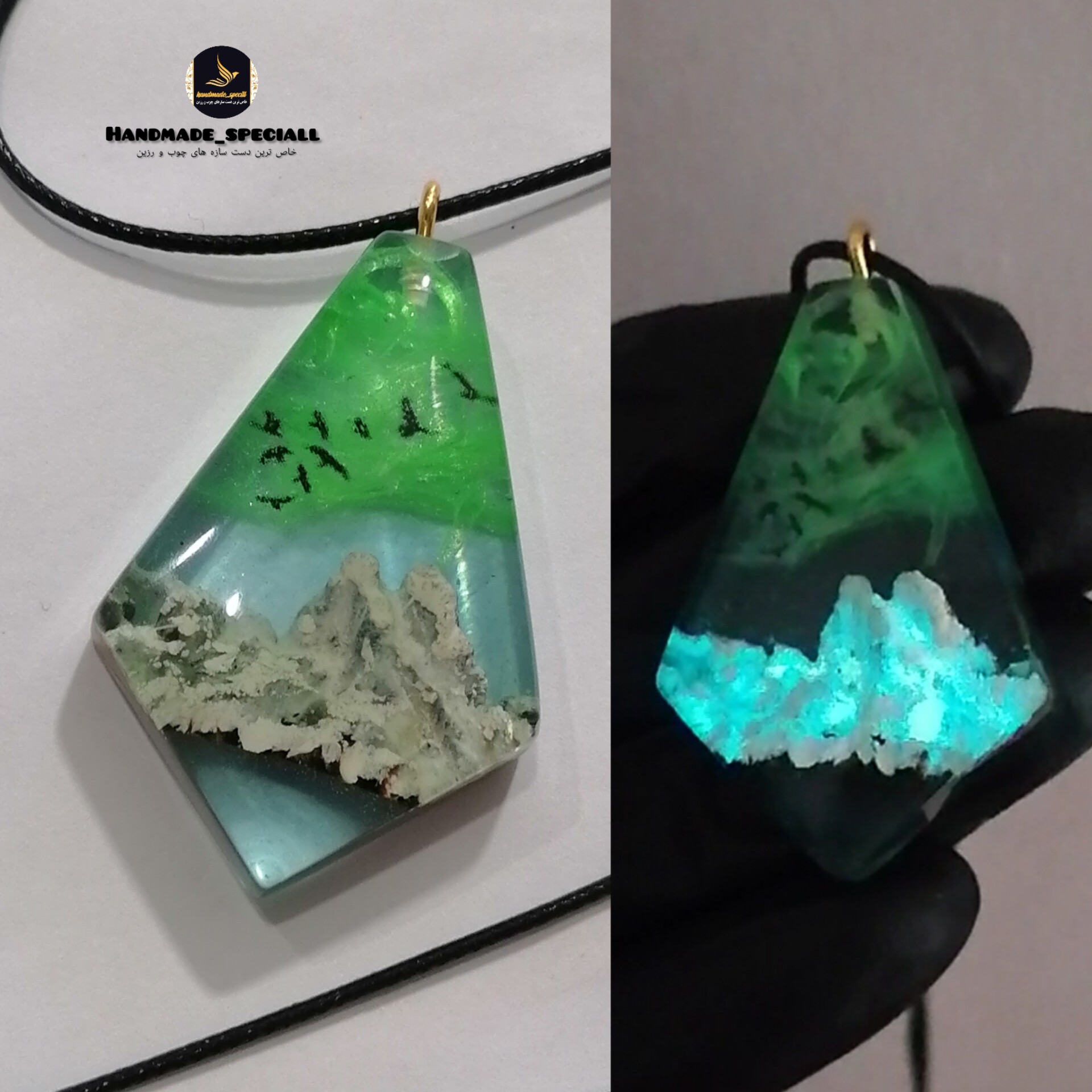 گردنبندچوب و رزین طرح شفق قطبی و کوهستان برفی شب تاب(دستساز) خاص ترین دست سازه های چوب و رزین هدیه خاص و ماندگار تک نسخه