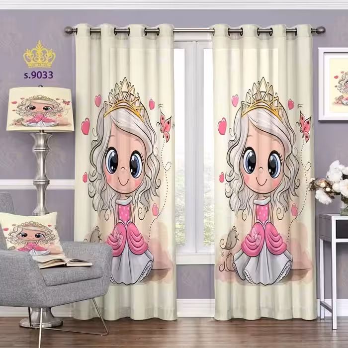 پرده اتاق کودک  دو قواره پانچ آماده طرح دختر پرنسس کد S9033