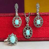 نیم ست زیبای فیروز ه نیشابوری اصلی عیار نقره 925