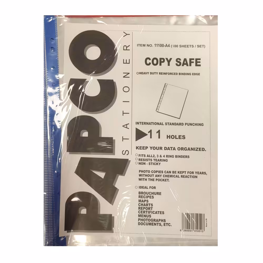 کاور A4 شفاف پاپکو بسته 100 عددی کد 11-A4 نوار آبی