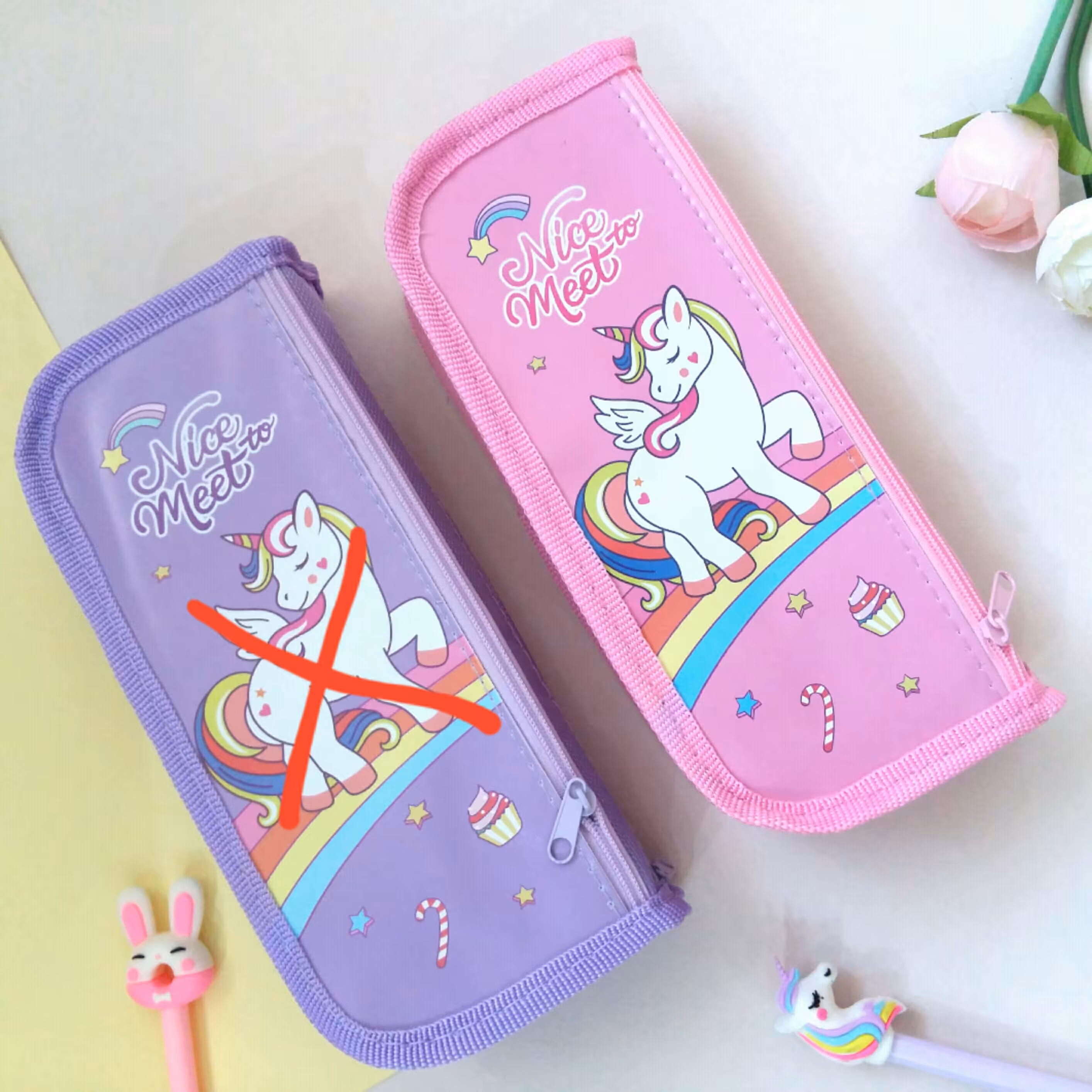 جامدادی یونیکورن فانتزی برزنتی کیوت جادار جا مدادی تکشاخ یونی کورن تک شاخ پونی صورتی بنفش برزنت دخترانه مدرسه