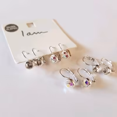 پک دو جفتی گوشواره قفلی آبکاری نقره کار شده با کریستال سواروسکی