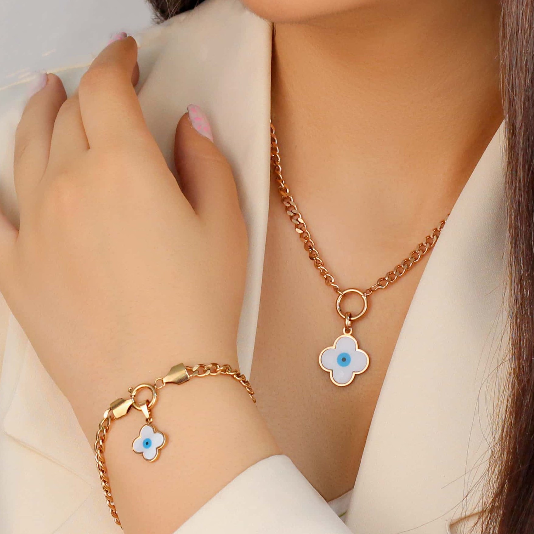 نیم ست استیل مدل چشم نظر طرح طلا رنگ ثابت ضد حساسیت AAA-67