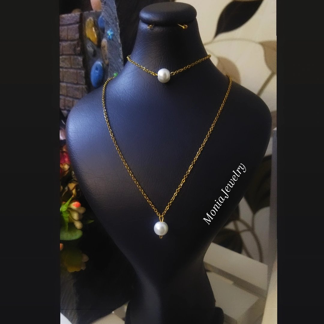 ست گردنبند و دستبند تک مروارید استیل رنگ ثابت تضمینی