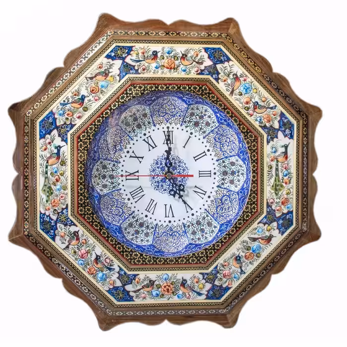 ساعت هشت ضلعی گل ومرغ خاتم کاری شده