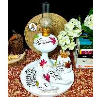 ظروف سفالی طرح پاییز ی 5تیکه مون شامل چراغ گردسوز وگلدون وکبوتربزرگ وگنجشک وسینی 